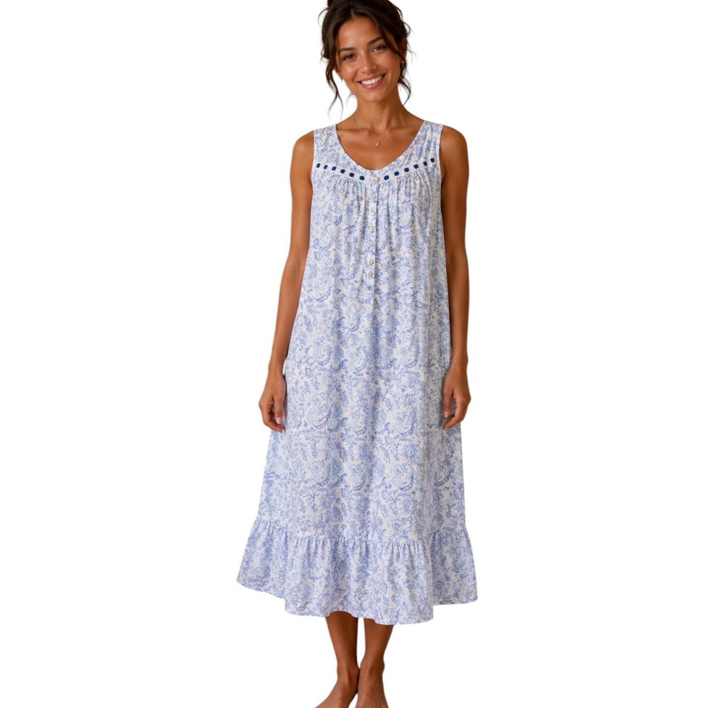 Eileen West 100% Cotton Floral Nightgown Blue White Lace Button Front Sz L